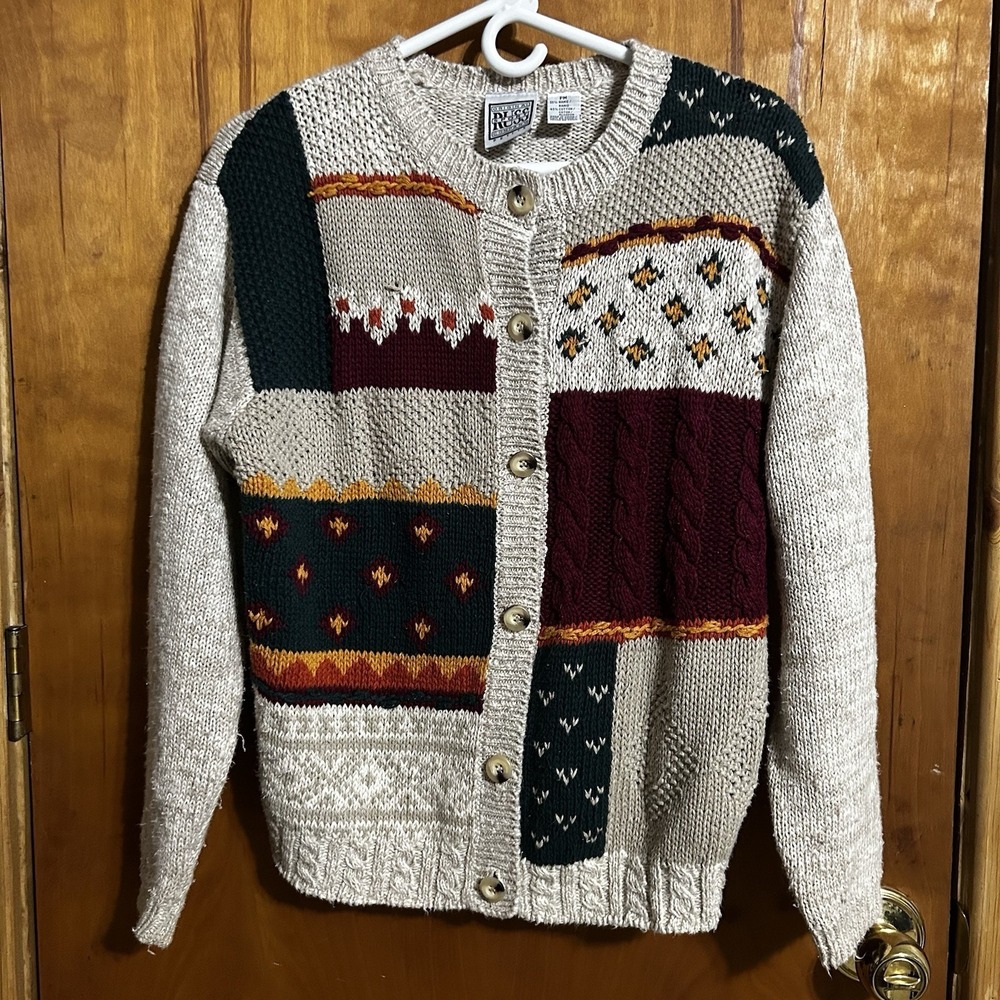 VTG 90s‎ Russ Studio Sweater Women's petite Med Cable Knit Cottage Vintage